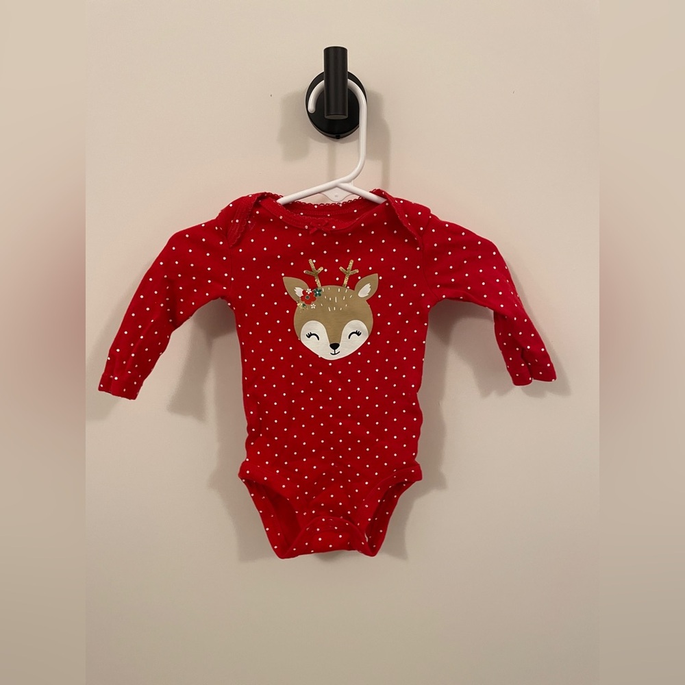 Carter’s 3 month red with white polka dots long sleeve onesie with reindeer
